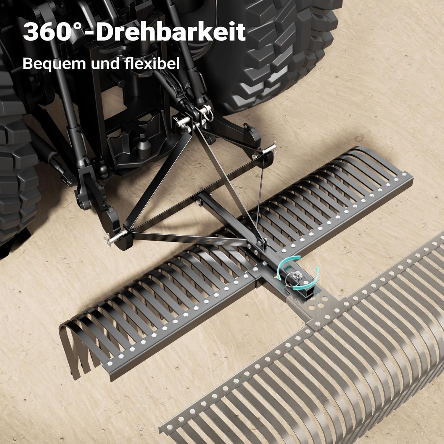 Wiltec Rasentraktor Heuharke mit 152 cm Arbeitsbreite, Heurechen mit 32 Harkenzinken, Rechen mit 3-Punkt-Aufstecksystem mit 360° Drehung