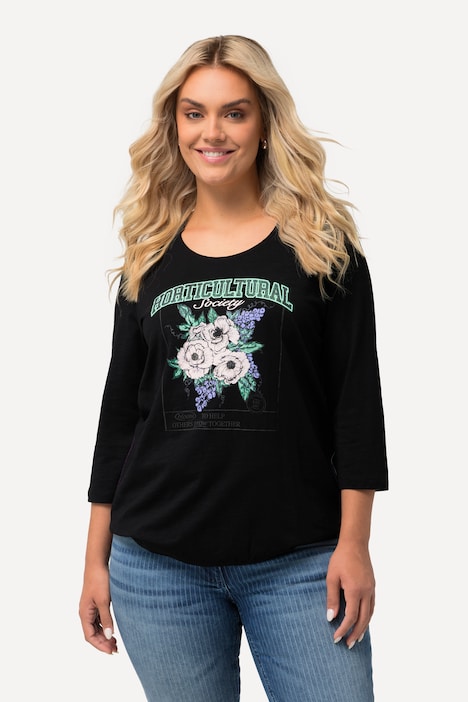 Shirt, Blumenmotiv, Gummisaum, Rundhals, 3/4-Arm