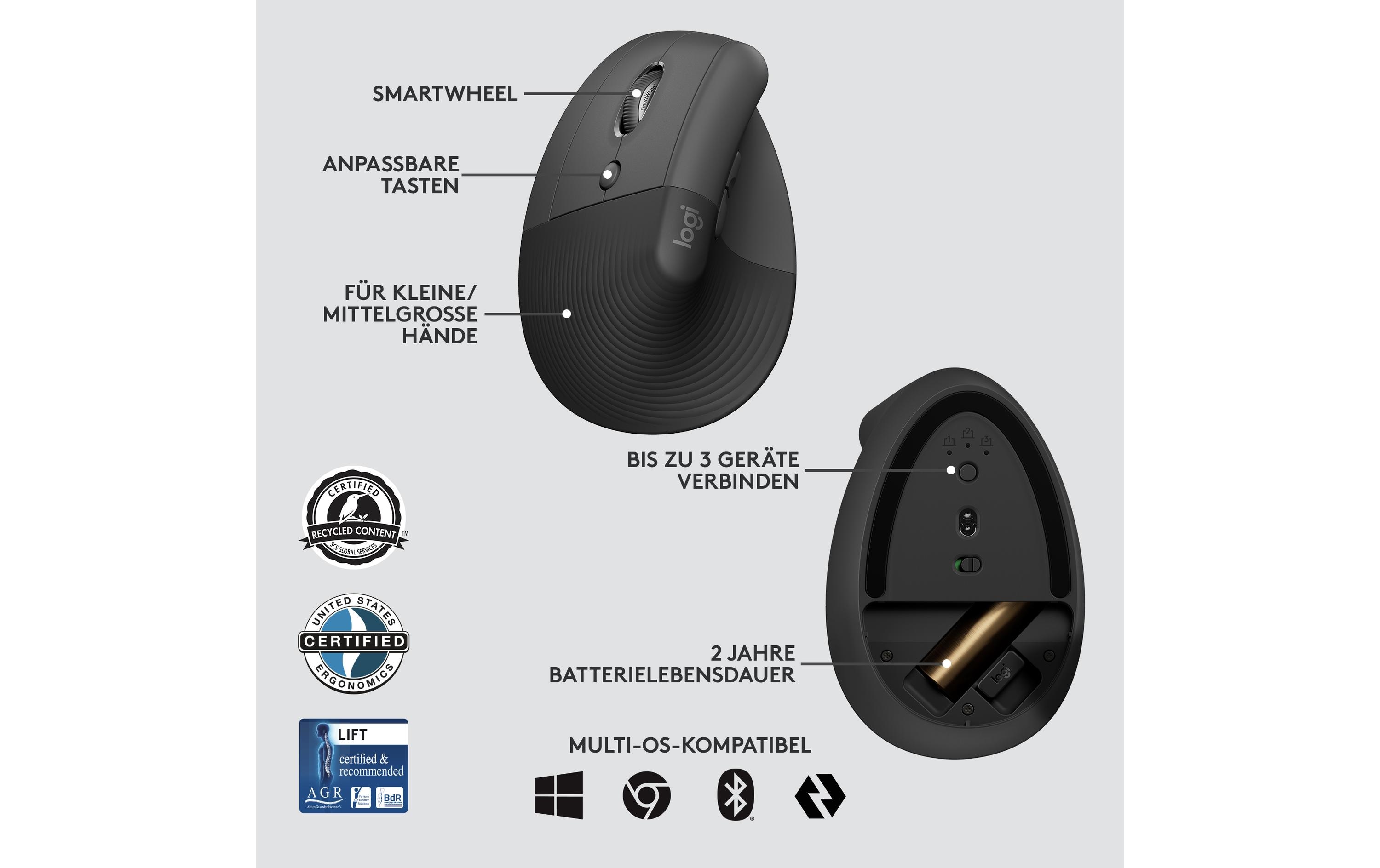 Ergonomische Maus Lift for Business Left GraphiteKomfortable ergonomische Linkshänder-Maus mit vertikalem Design für kleine bis mittelgrosse Hände