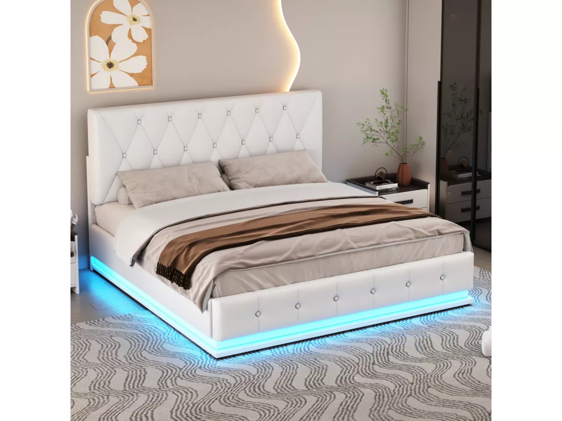 Lit coffre 140x200 cm avec tête de lit diamant, éclairage LED et coffre de lit, relevage hydraulique, sommier à lattes, lit adulte style contemporain, simili cuir - Blanc