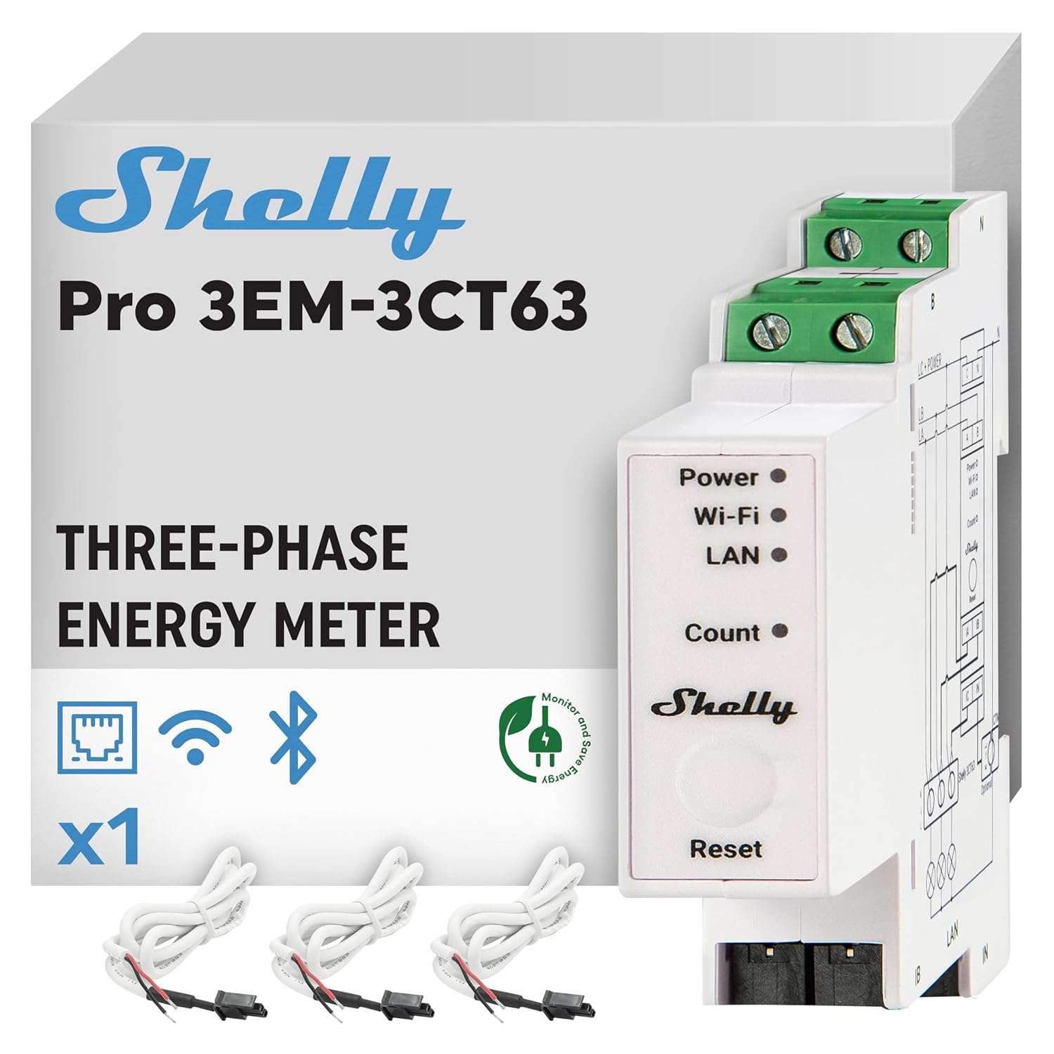 Shelly Pro 3EM - 3CT63, WLAN und LAN 3-Phasen-Energiezähler & Stromwandler, 63А, Echtzeit-Energieüberwachung, kein Hub Erforderlich, Solar-/Grid-Metering, kein Integriertes Relais, PV-kompatibel