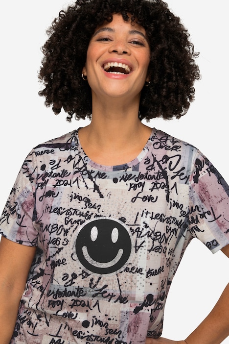 T-Shirt, oversized, Scribble-Muster, Smiley, Rundhals, Halbarm
