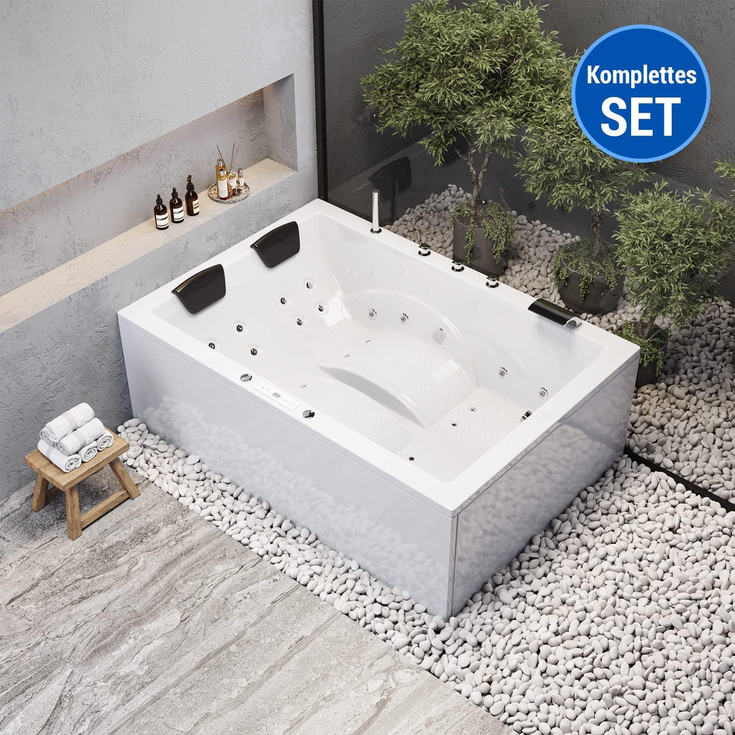 AQUADE Jacuzzi 2 Person Whirlpool Marburg LUX XL 180x130 mit LED Whirlpool Beleuchtung, Armatur Whirlpool Badewanne & Badekissen für Badewanne Whirlpool 2 Personen/Badewanne Komplett Set