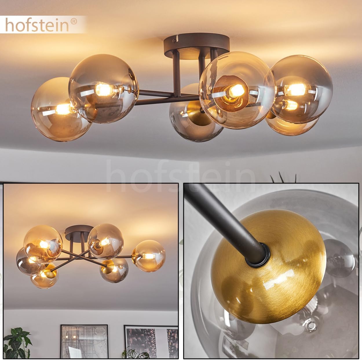 HOFSTEIN Deckenleuchte Chehalis, Deckenlampe aus Metall/Glas in Schwarz/Gold/Bernsteinfarben/Rauchfarben, Leuchte im modernen Retro/Vintage-Design mit Schirmen aus Glas (Ø 12cm), 6 x G9