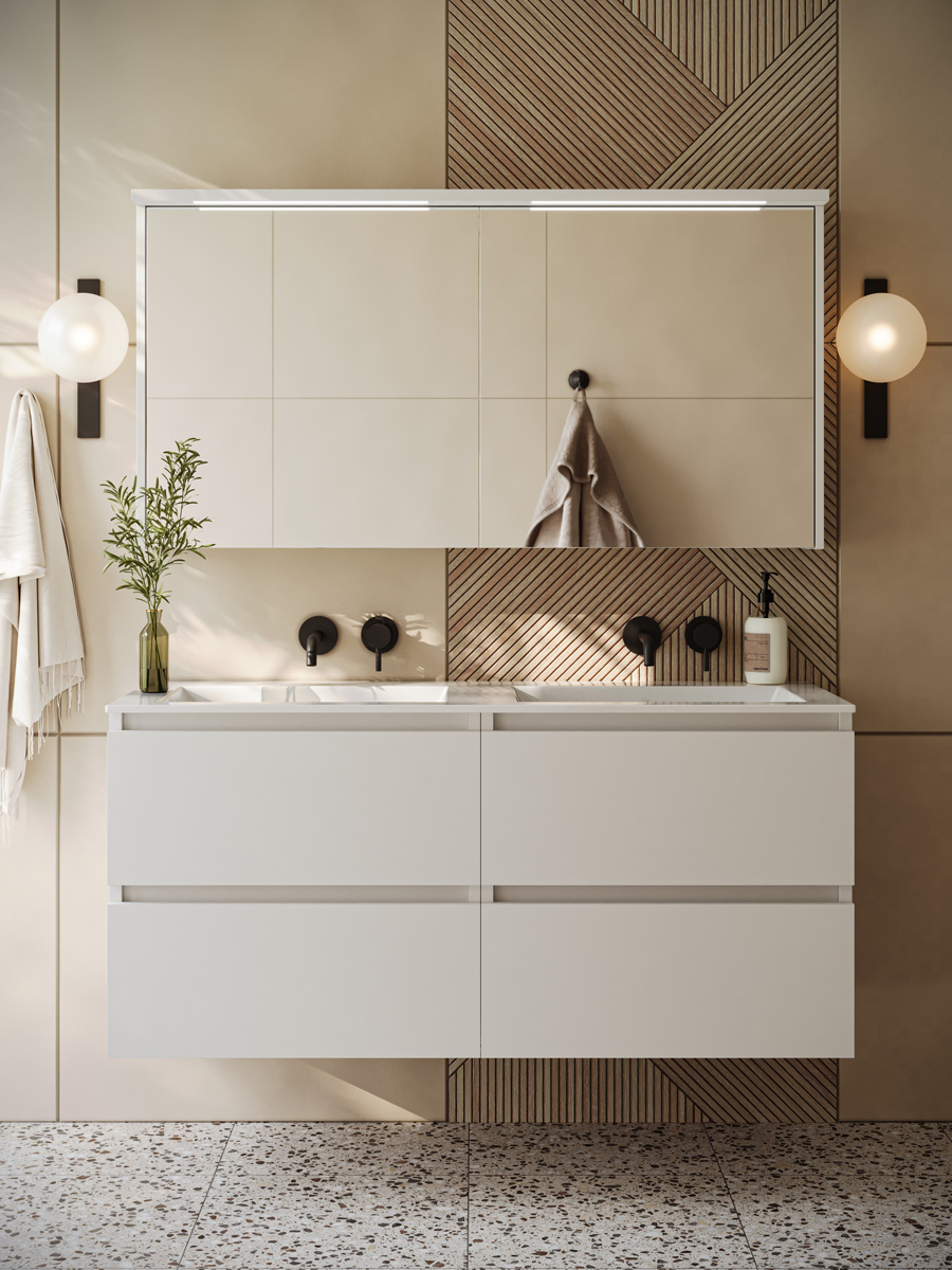 Fontana Rovigo badmeubel 120cm wit mat met witte wastafel zonder kraangaten en spiegelkast met verlichting
