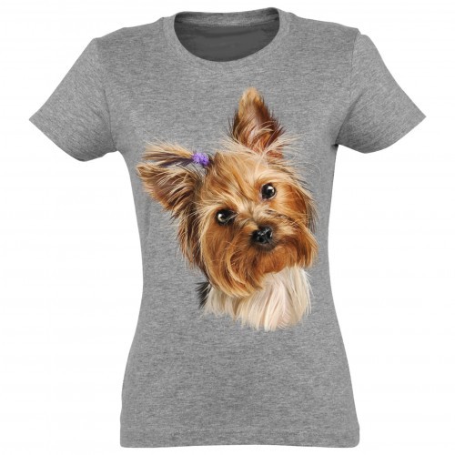 Camiseta feminina cinza com estampa de Yorkshire