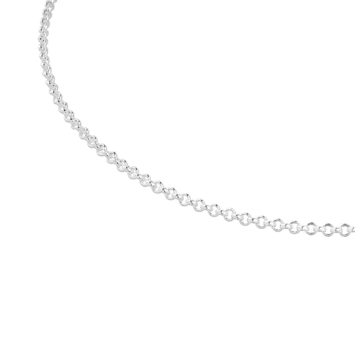 Gargantilha prateada com argolas redondas, corrente de 40 cm.
