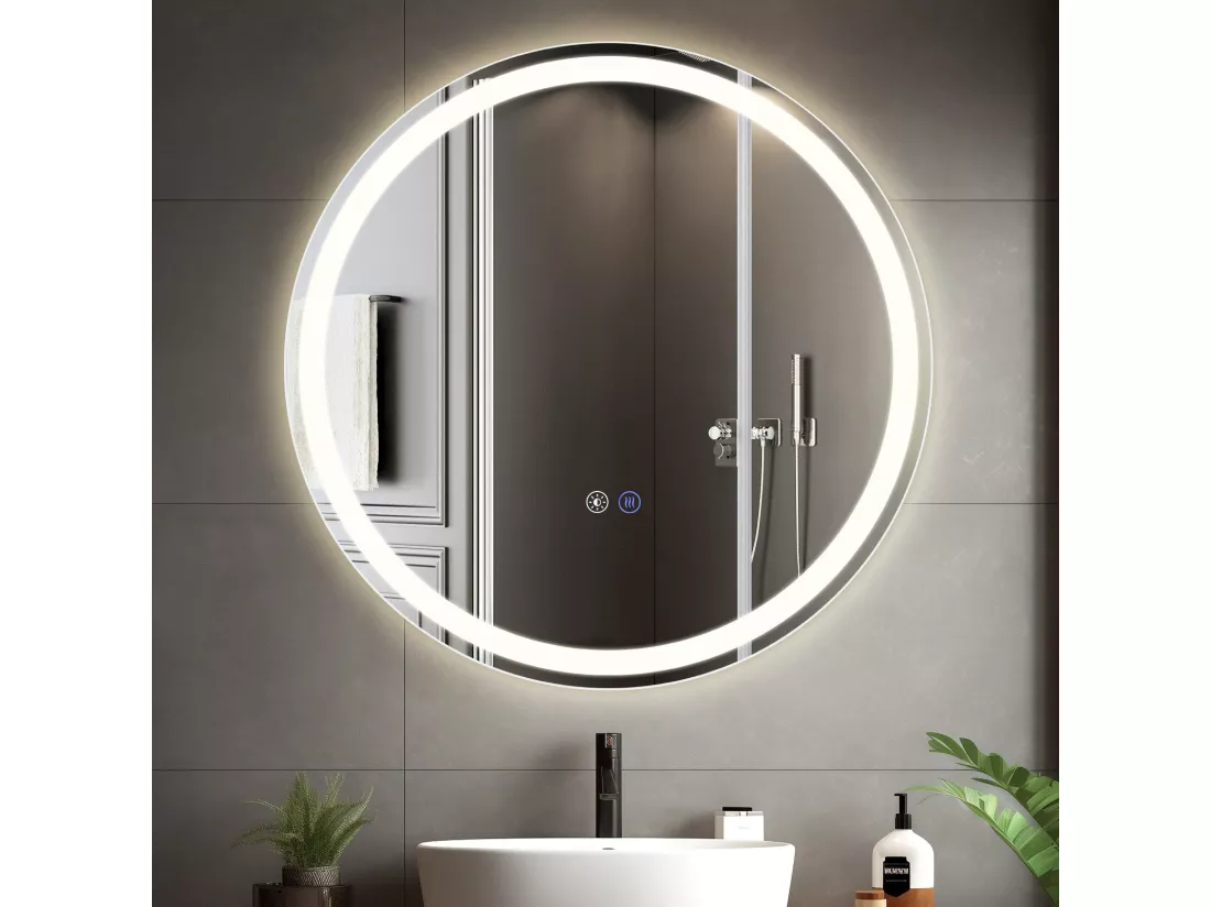NETTLIFE Miroir lumineux salle de bain - Rond 80 cm LED, IP44, interrupteur tactile, antibuée, réglable 3000K-6500K