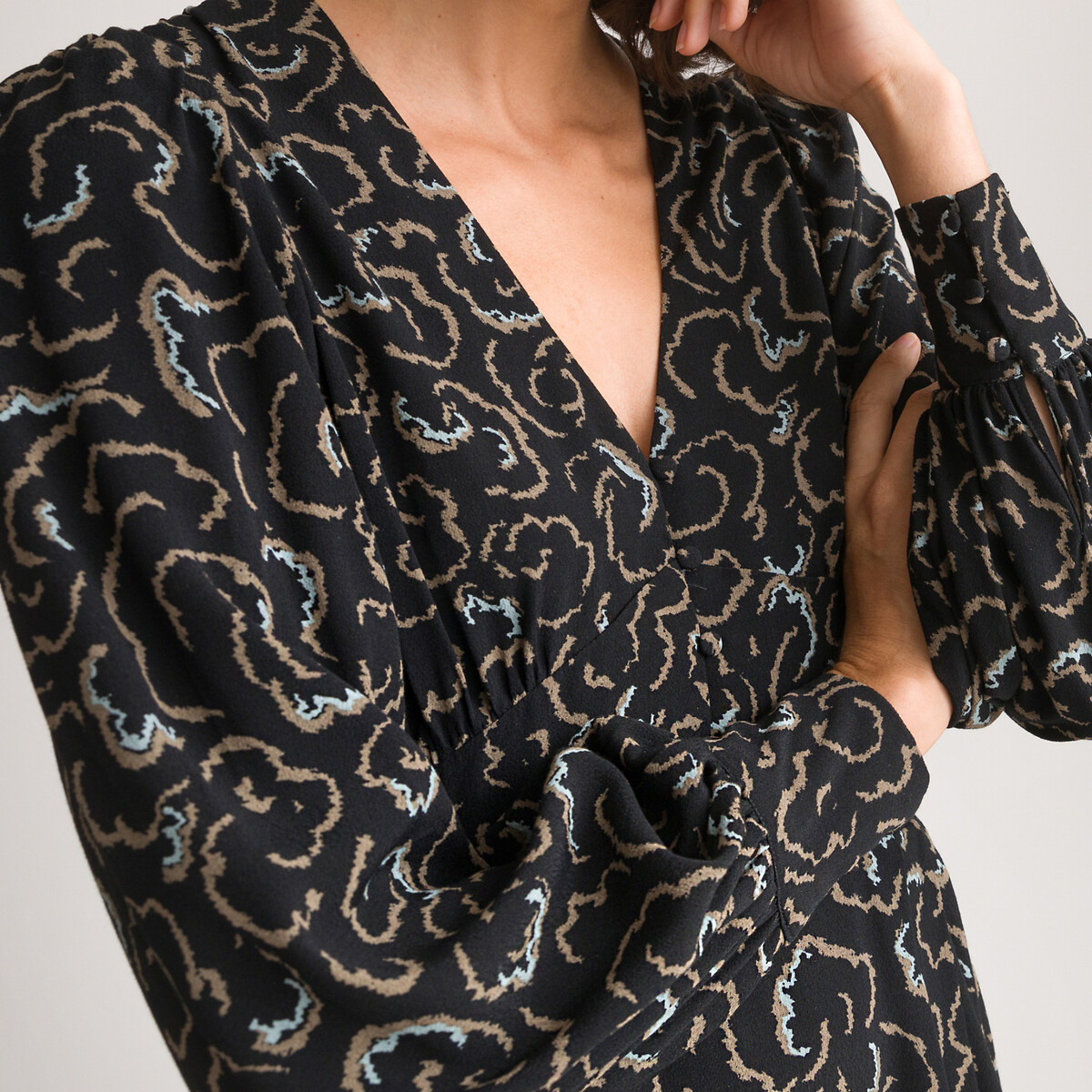 COLEÇÕES LA REDOUTE<br>Vestido curto evasê, mangas compridas, estampado