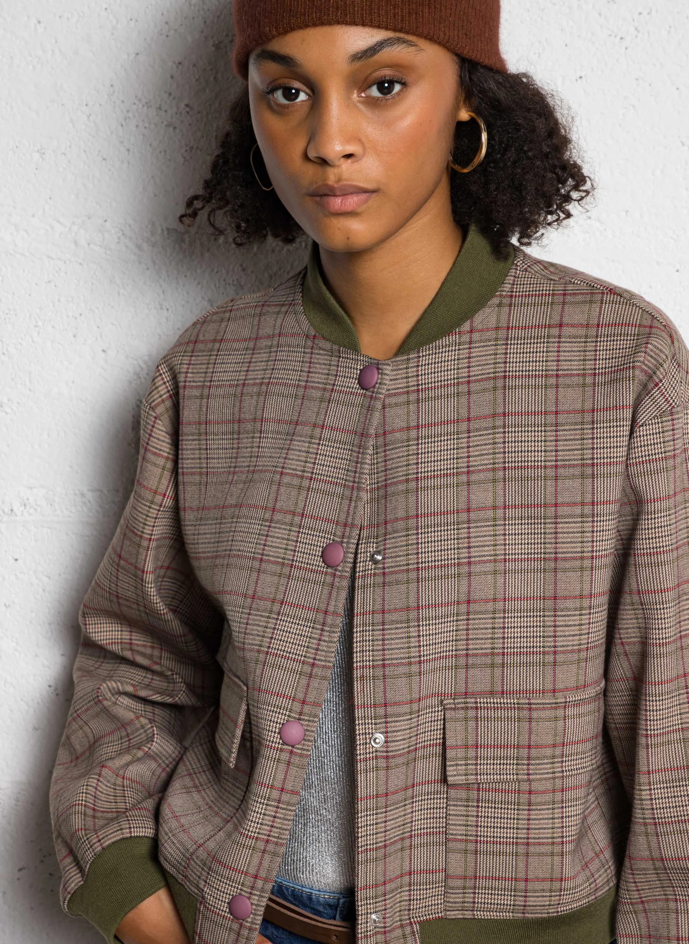 Veste courte col rond à carreaux | Beige