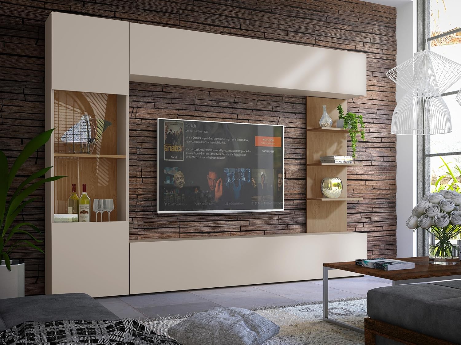 Mirjan24 Wohnwand Lazando, Anbauwand, Mediawand, Schrankwand bestehend aus Hängeschrank, Vitrine, TV-Lowboard und Wandregal (Cashmere/Cremona Eiche)