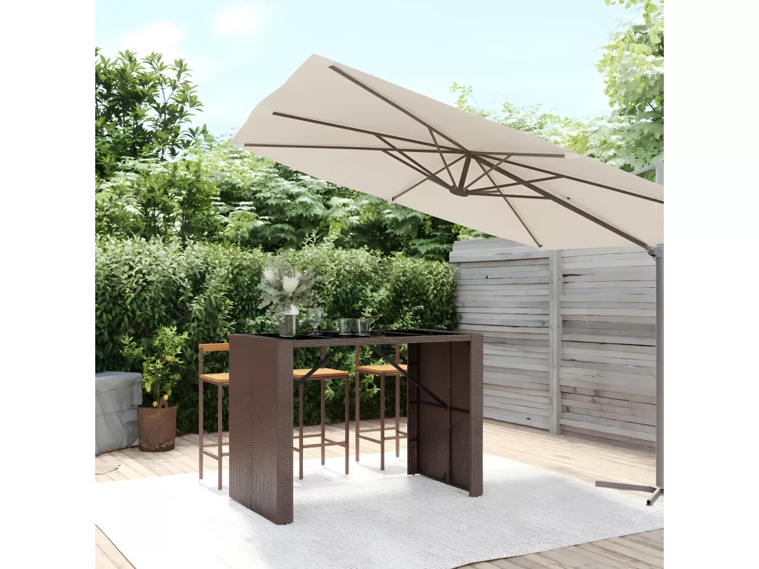 Prolenta Premium - Table de bar et dessus en verre marron 145x80x110 cm poly rotin