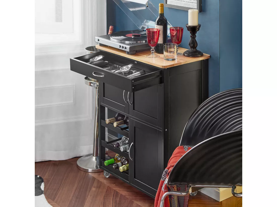 Desserte Chariot De Cuisine De Service Roulant, Meuble Armoire De Rangement Cusine Noir, Fkw45-sch