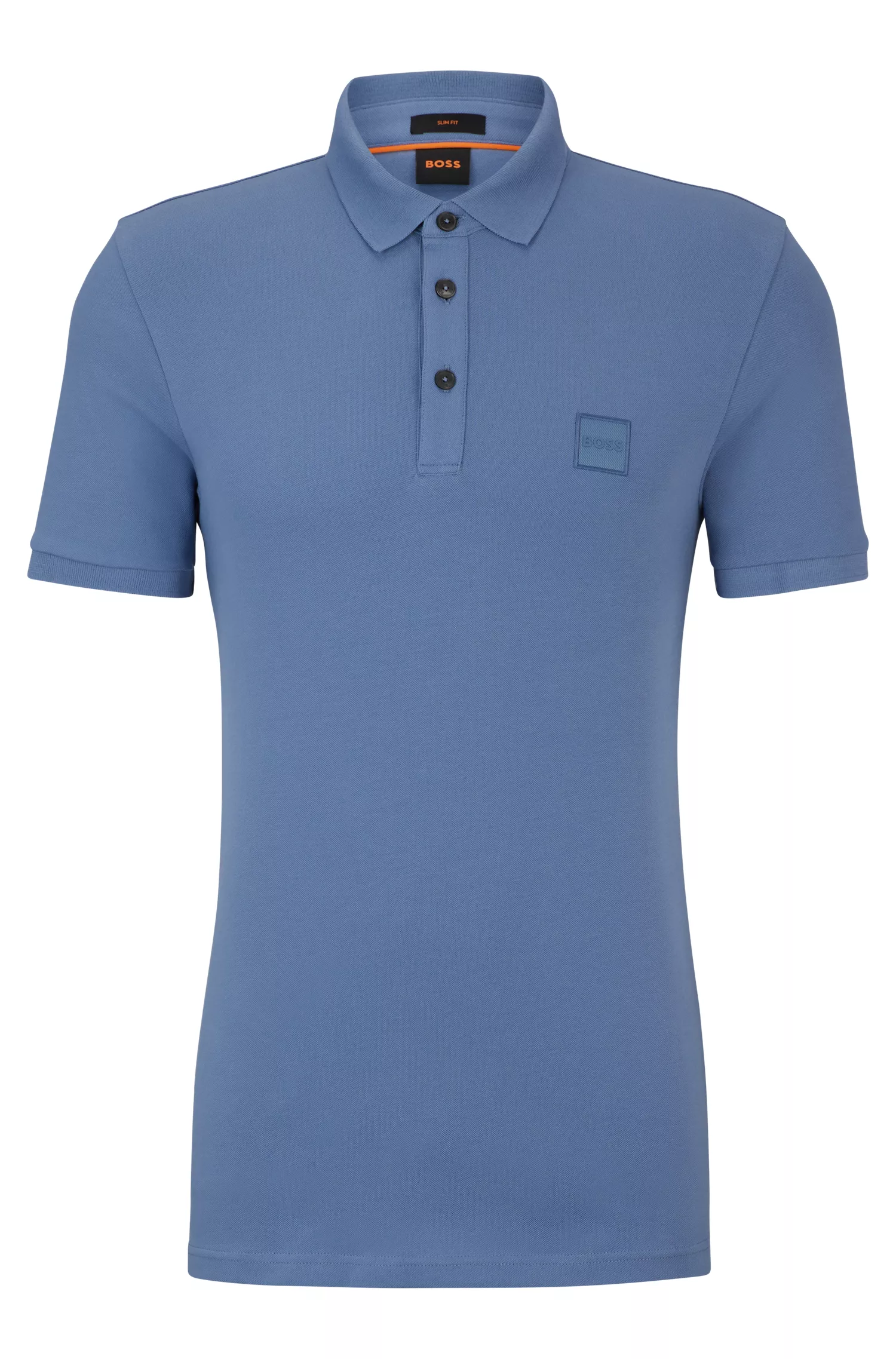 Camisa polo BOSS laranja, de algodão stretch, corte slim, com etiqueta de logotipo.