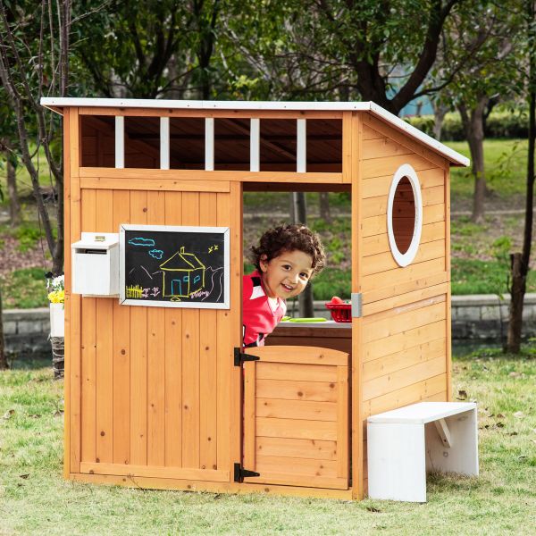 Outsunny Casa Infantil de Madeira com Banco Caixa de Correio Lousa 122x108x135,5cm