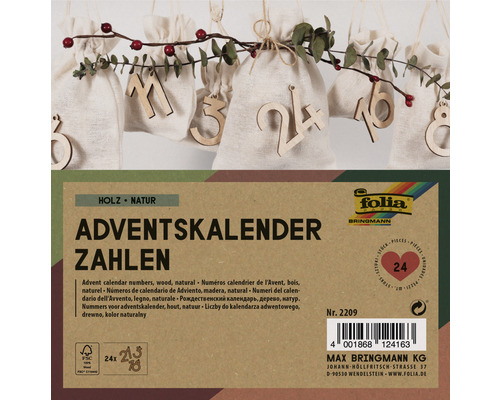 Adventskalender cijfers, hout/natuur, 24 houten cijfers, 5 cm