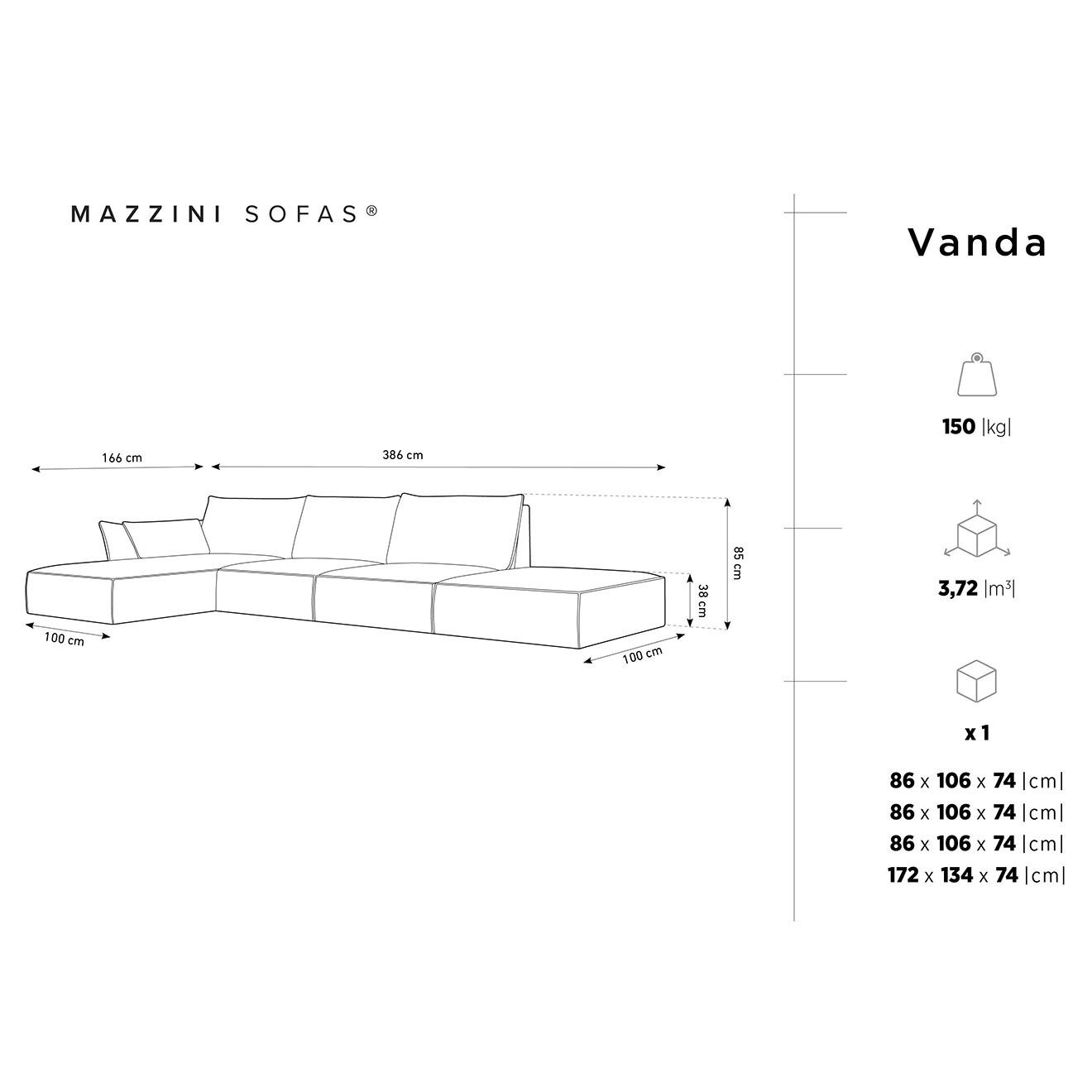 Mazzini Sofas Canapé D'Angle Gauche Vanda 5 Places 1 bleu roi - 386x166x85 cm