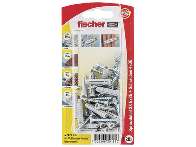 Fischer Dübel SX 5 x 25 S, 20 Stück Kraftvoller Nylondübel