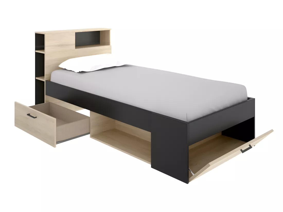 Lit avec tête de lit rangements et tiroir - 90 x 190 cm - Anthracite et naturel + Sommier - LEANDRE