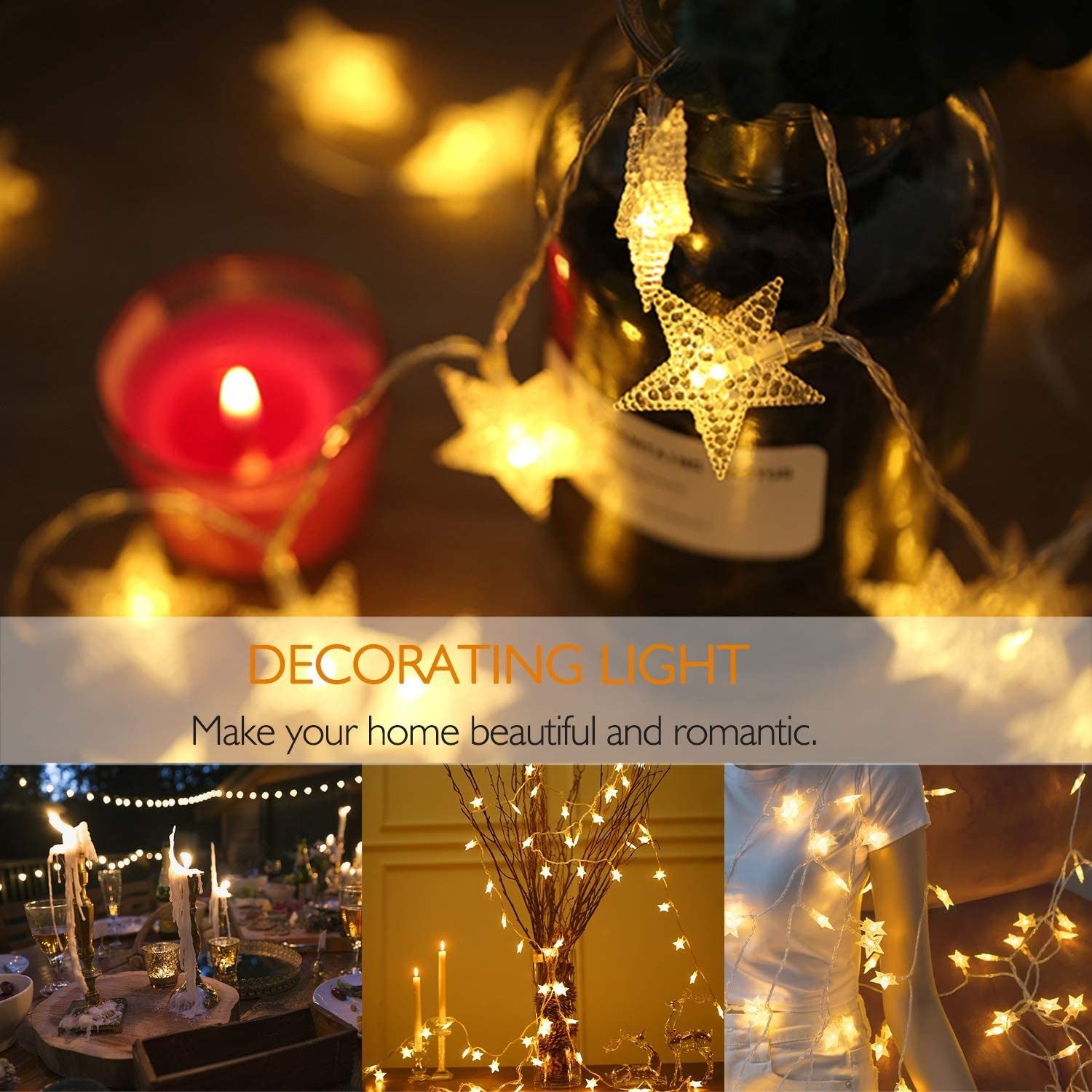 (5m) 50 LED's Weihnachts Deko Lichterkette Sternen Beleuchtung (Batteriebetrieben) - Warmweiss