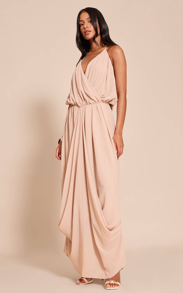 Beige Robe Longue Fluide En Mousseline De Soie Avec Col En V Drapé Pour Grande Taille