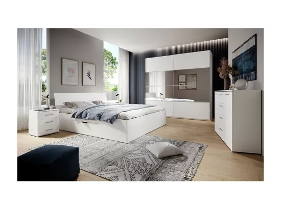 Chambre à coucher complète collection EOS : Armoire 220cm, Lit 180x200, commode, chevets. Couleur blanc mat