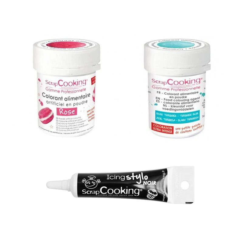 2 colorants alimentaires rose-turquoise + Stylo glaçage noir Scrapcook
