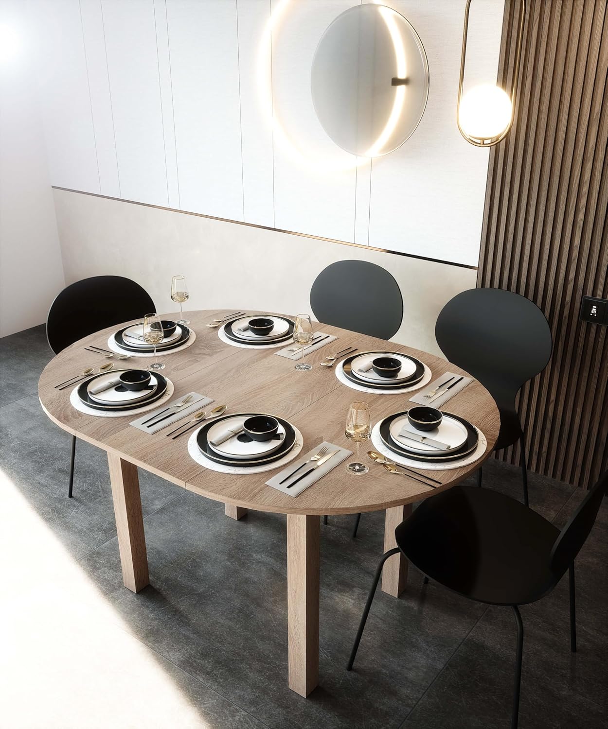 Newfurn Esstisch rund ausziehbar 100–140 cm – Funktionstisch in Eiche Sägerau, Stabiler Stand, skandinavisches Design, flexibel für Esszimmer oder Küche