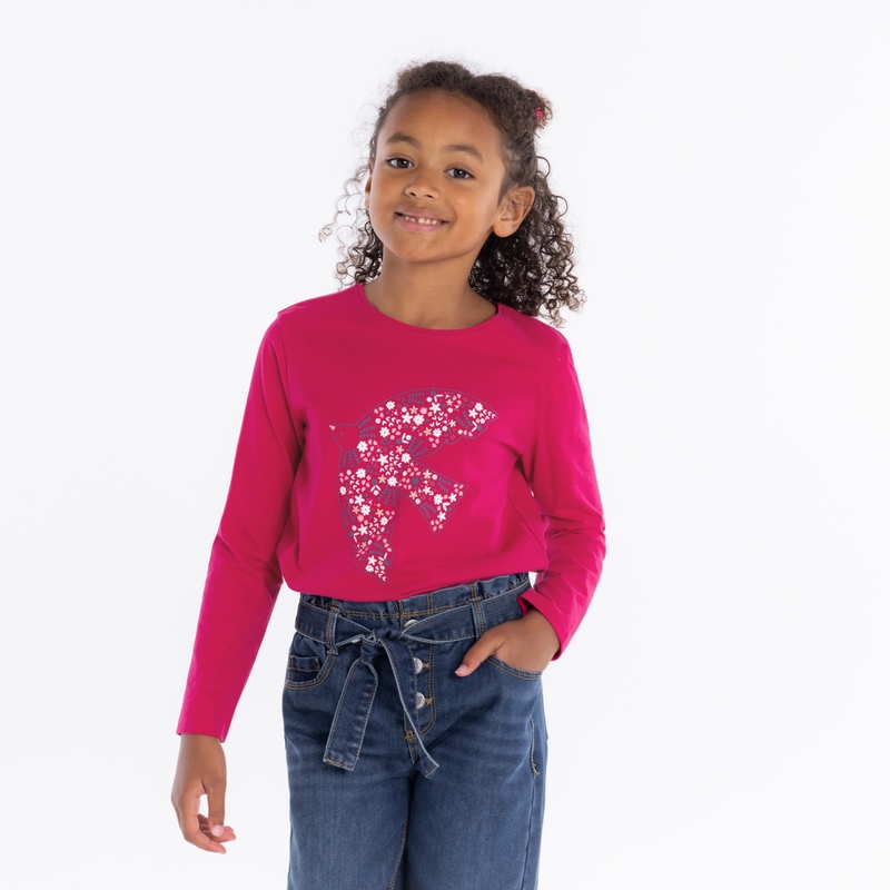 T-shirt manches longues motif colombe rose fille