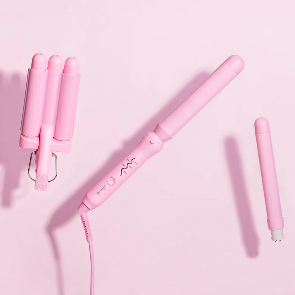 3in1 Style Wand Wechselbares Keramik Welleneisen Lockenstab mit 3 Aufsätzen - Pink