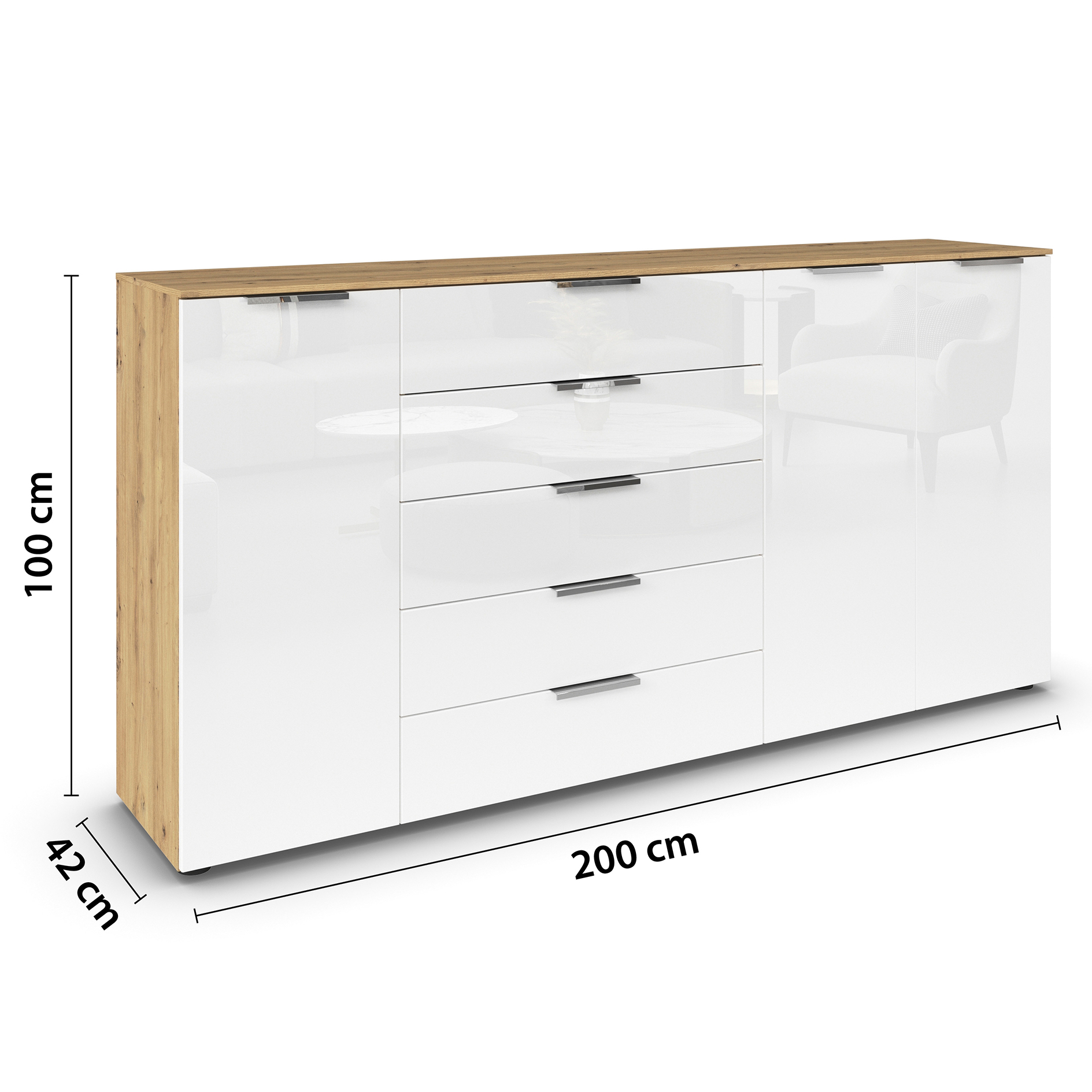 Kommode - Artisan Eiche-Kristallweißglas - Chromgriffe - 199 cm