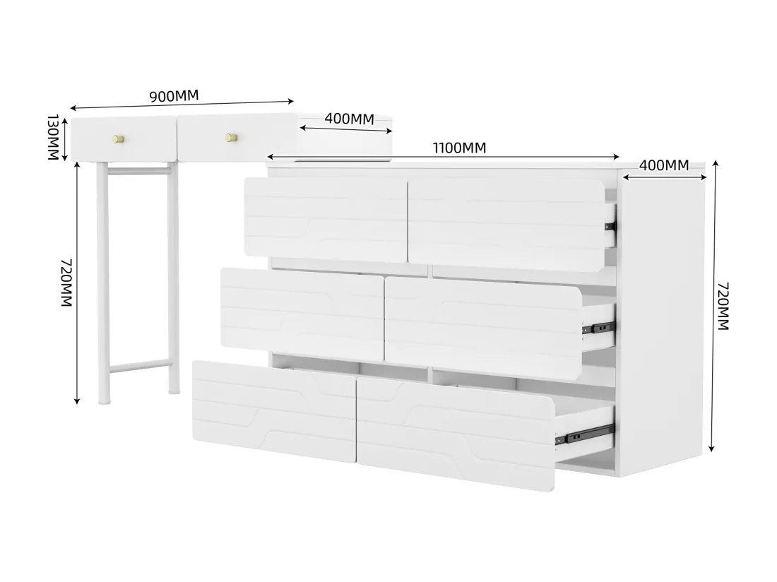 Coiffeuse extensible contemporaine scandinave avec 8 tiroirs - façades laquées - Blanc(sans miroir ni tabouret)
