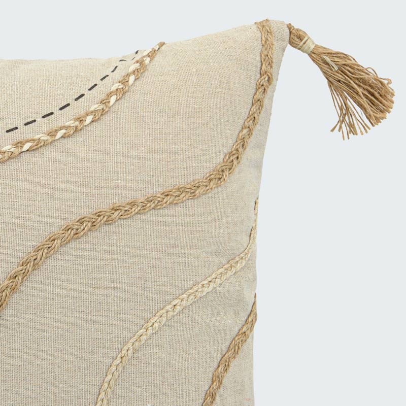 Coussin 'Manel' jute tressée et pompons beige