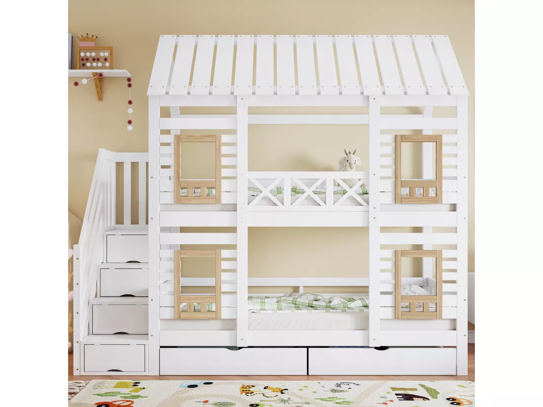 Lit superposé enfant 90x200 cm - avec fenêtre - deux tiroirs sur roulettes - avec 4 compartiments de rangement - avec échelle de sécurité - bois massif - blanc + naturel (matelas non inclus)