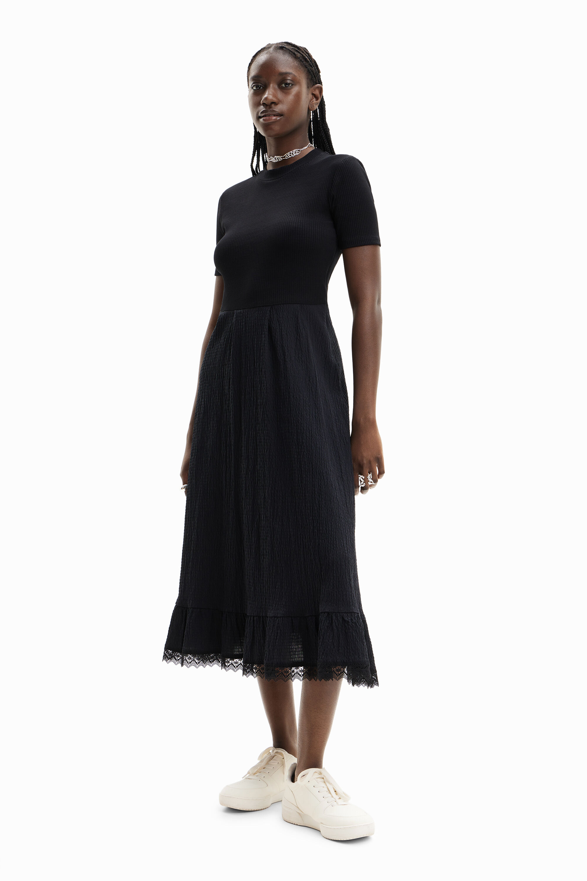 Robe midi combinée texturée