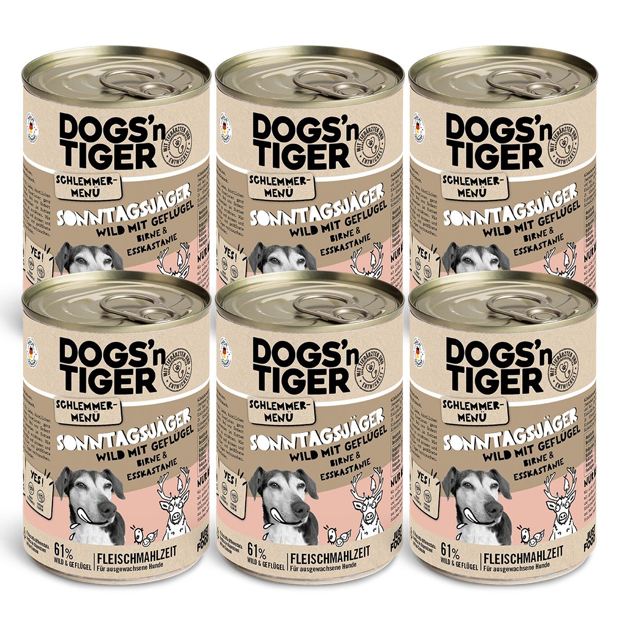 Dogs’n Tiger Adult Hundefutter, Sonntagsjäger, Hunde Nassfutter, Wild, Geflügel, Birne & Karotte