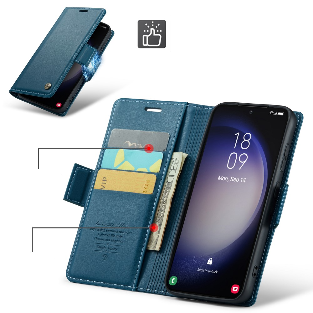 Samsung Galaxy S23 Leder Tasche Flip Wallet Etui mit Kartenfächern Litchi Look (RFID Schutz) - Blaugrün