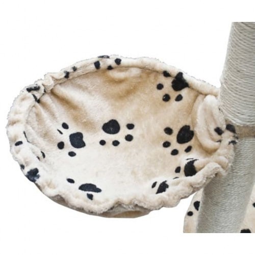Arranhador de luxo para gatos na cor bege com estampa de patas.