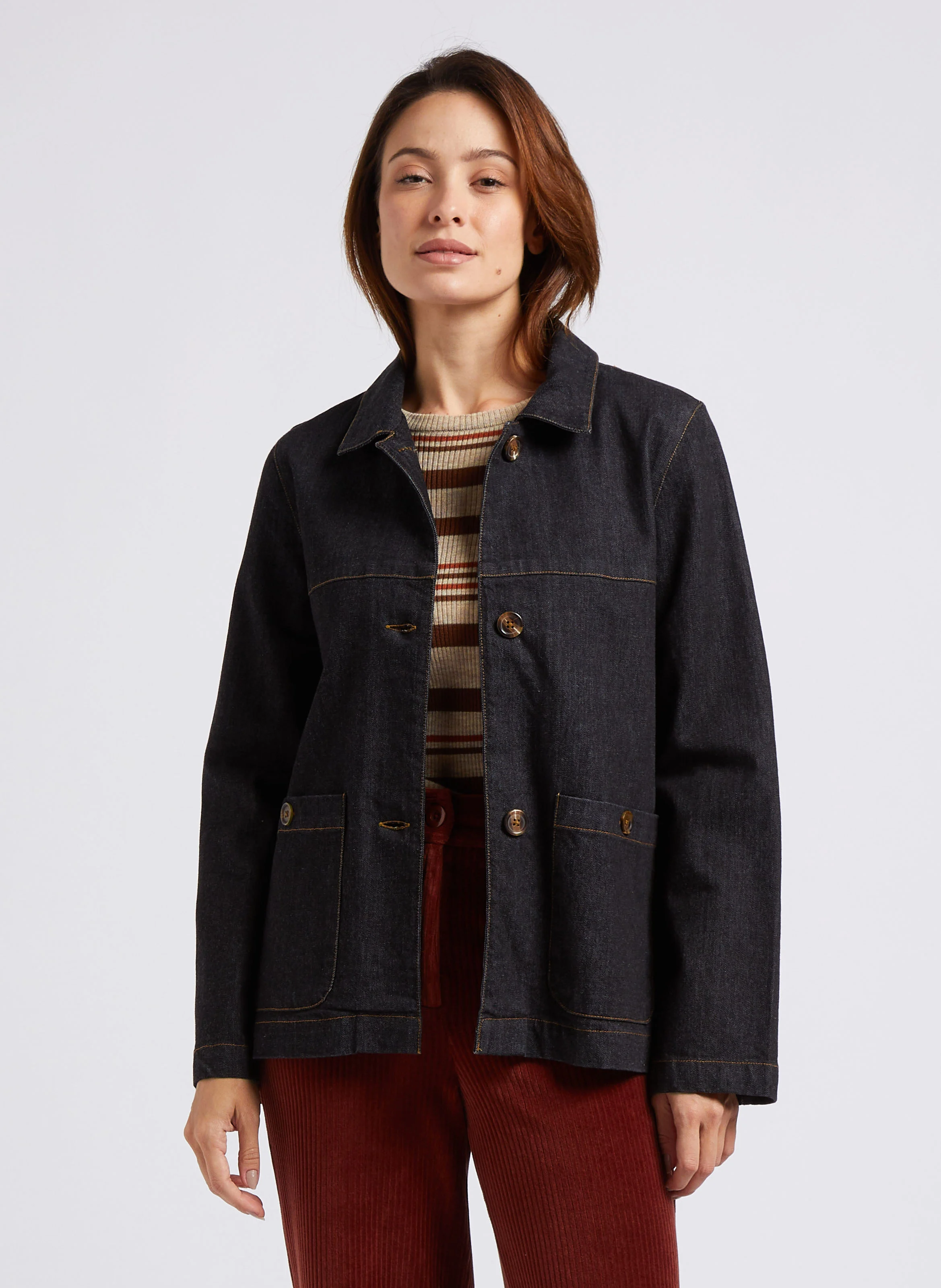 Veste droite denim en coton mélangé | Noir