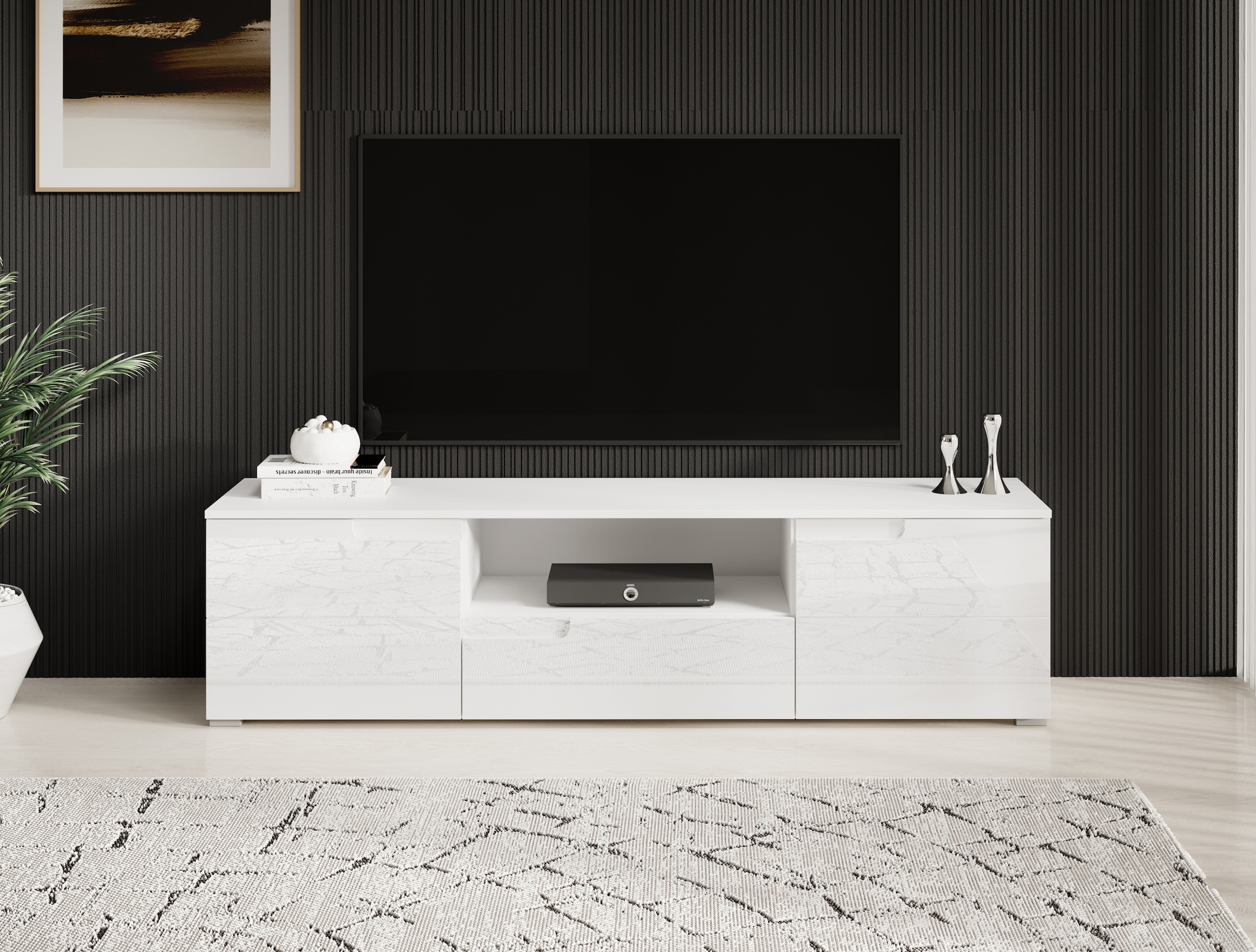 HBZ Lowboard »Spice weiss Hochglanz, TV Schrank bis 65 Zoll, BxHxT 165x42x40 cm« 1 Stk. tlg. Mit 2 Türen, 1 Schubkasten, 1 Kabeldurchführung, 1 offenes Fach