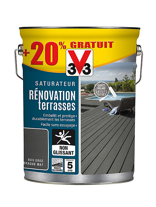 Rénovateur terrasses et bardages Bois grisé V33 5L + 20% gratuit