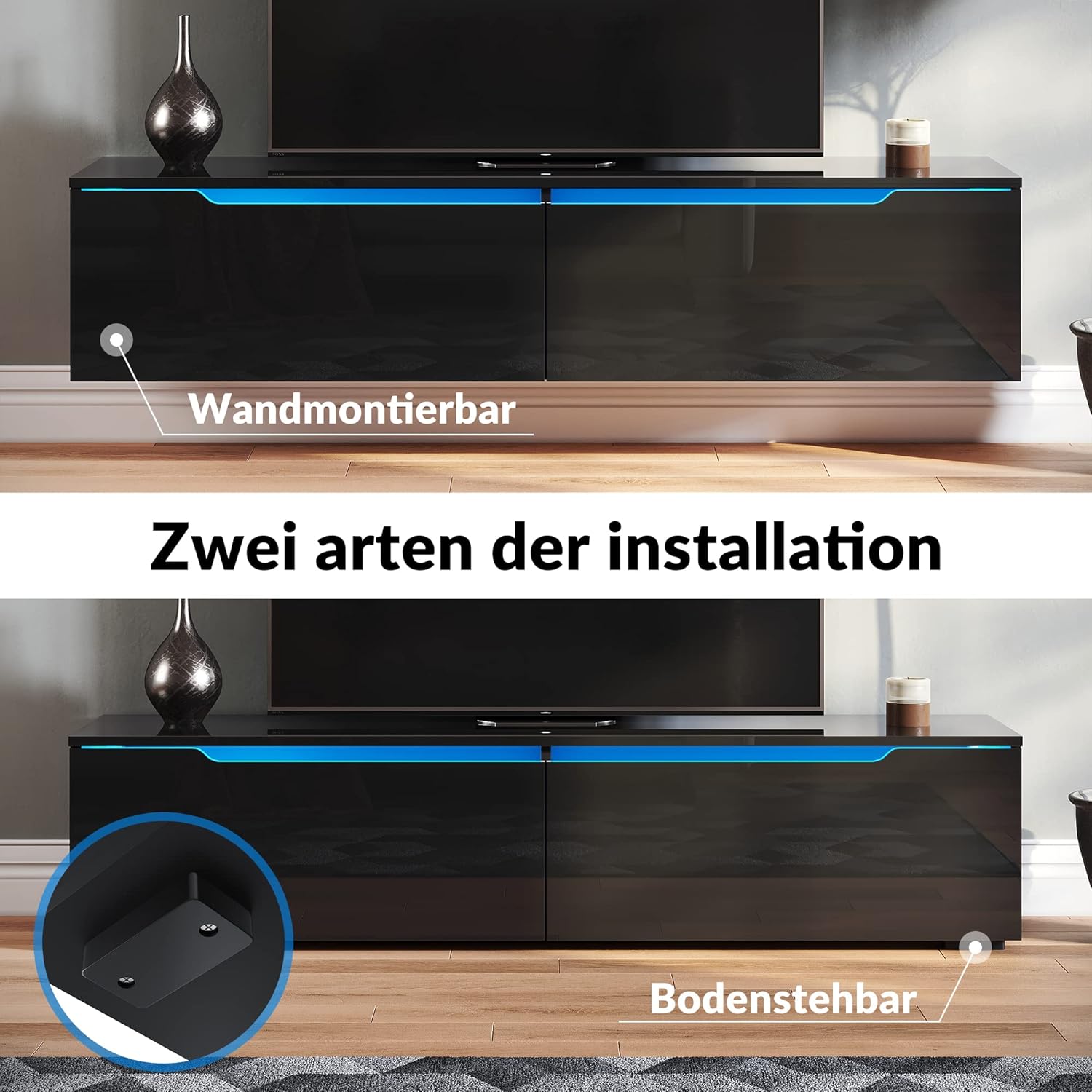 SONNI Lowboard Schwarz, TV Board Hochglanz, TV-Schrank, Fernsehtisch, TV-Regal mit LED Beleuchtung, 12 Farben, Klapptür, Griffloses Design, Zwei Montagemöglichkeiten, 140x35x30cm, GTV009B