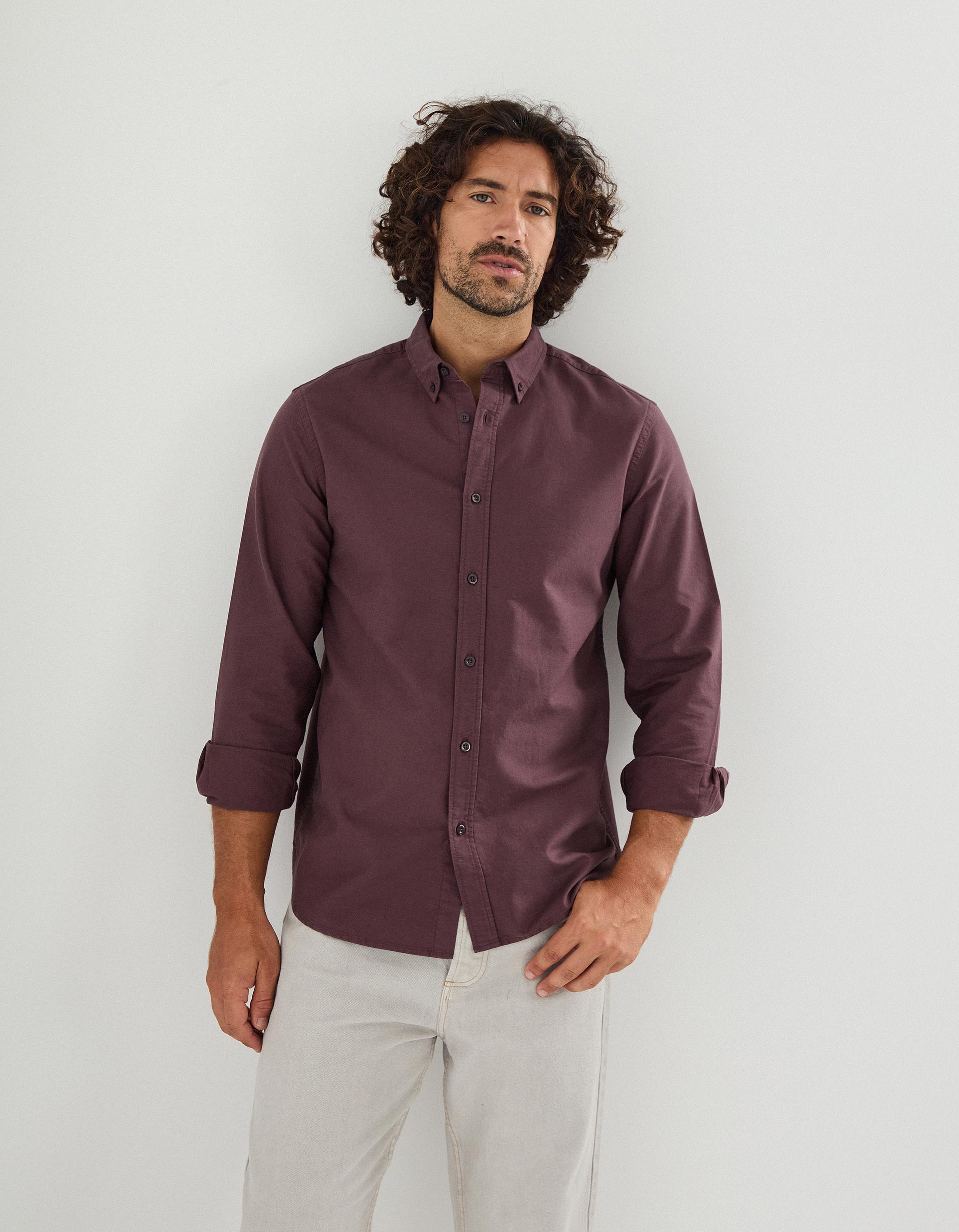 Camisa de Manga Comprida Oxford, Homem, Castanho