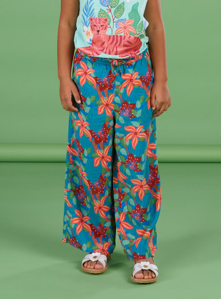 Pantalon fluide turquoise foncé à imprimé fleurs