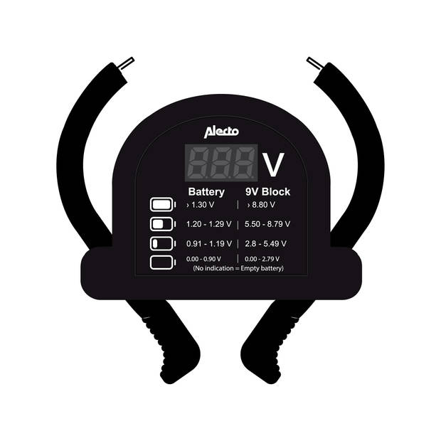 Compacte universele batterijtester voor AA, AAA, C, D en 9V batterijen Alecto Zwart