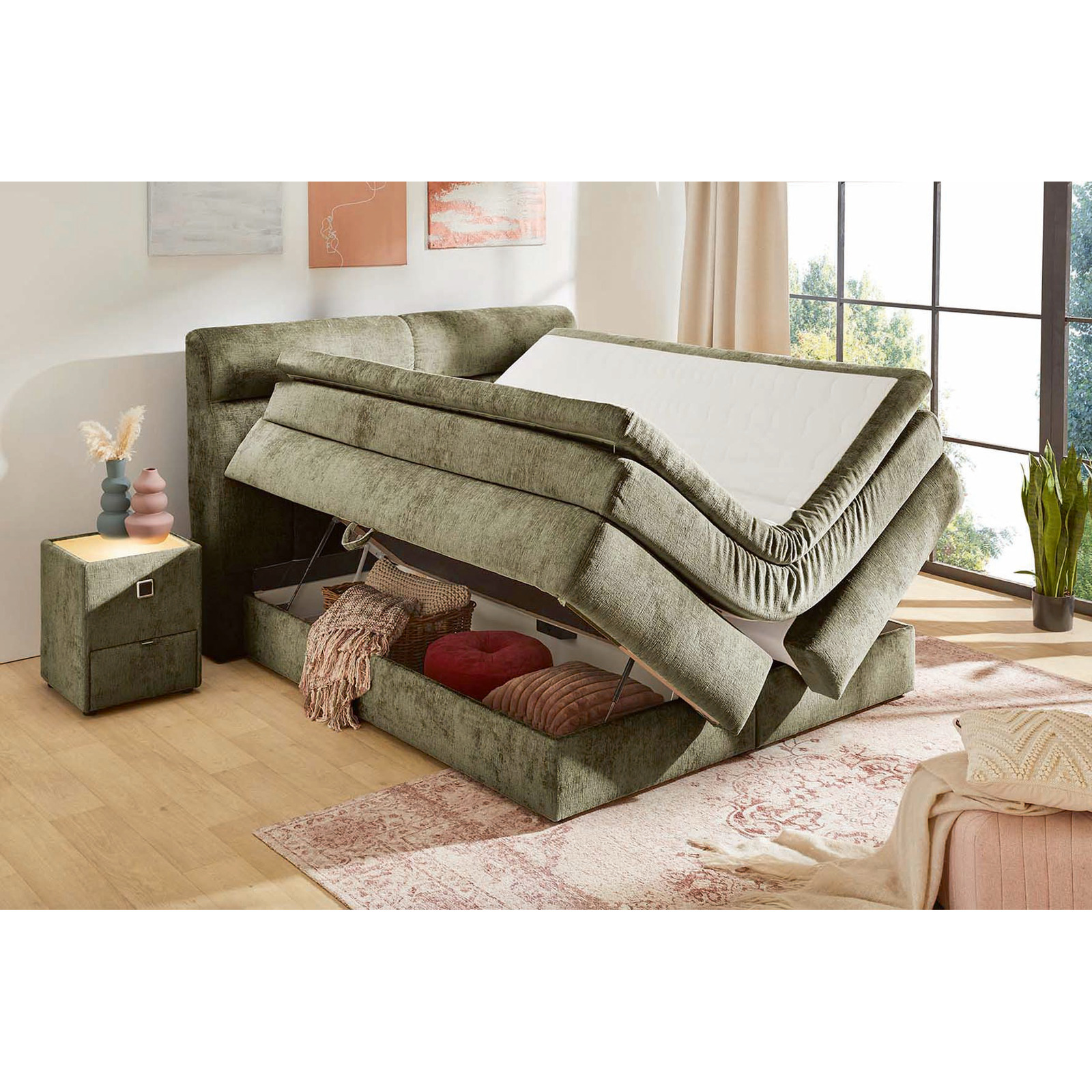 Boxspringbett Queen Stoff Chenille 180 x 200 cm, mit Bettkasten grün