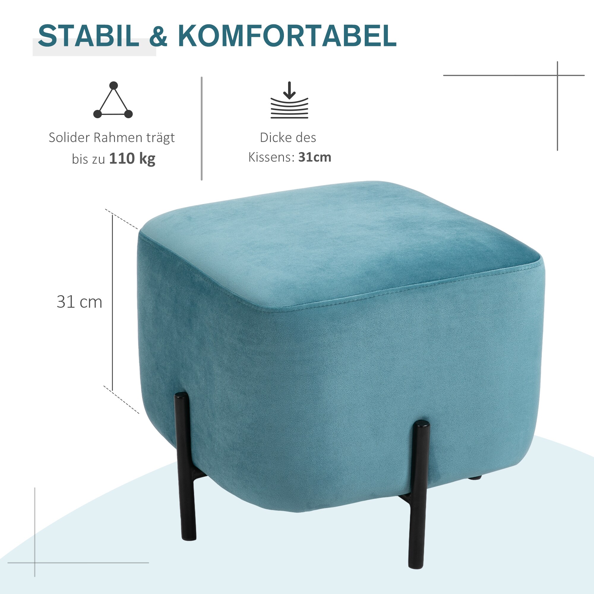 HOMCOM Fußhocker vielseitig einsetzbar türkis 44,5 x 44,5 x 41,5 cm (BxTxH)
