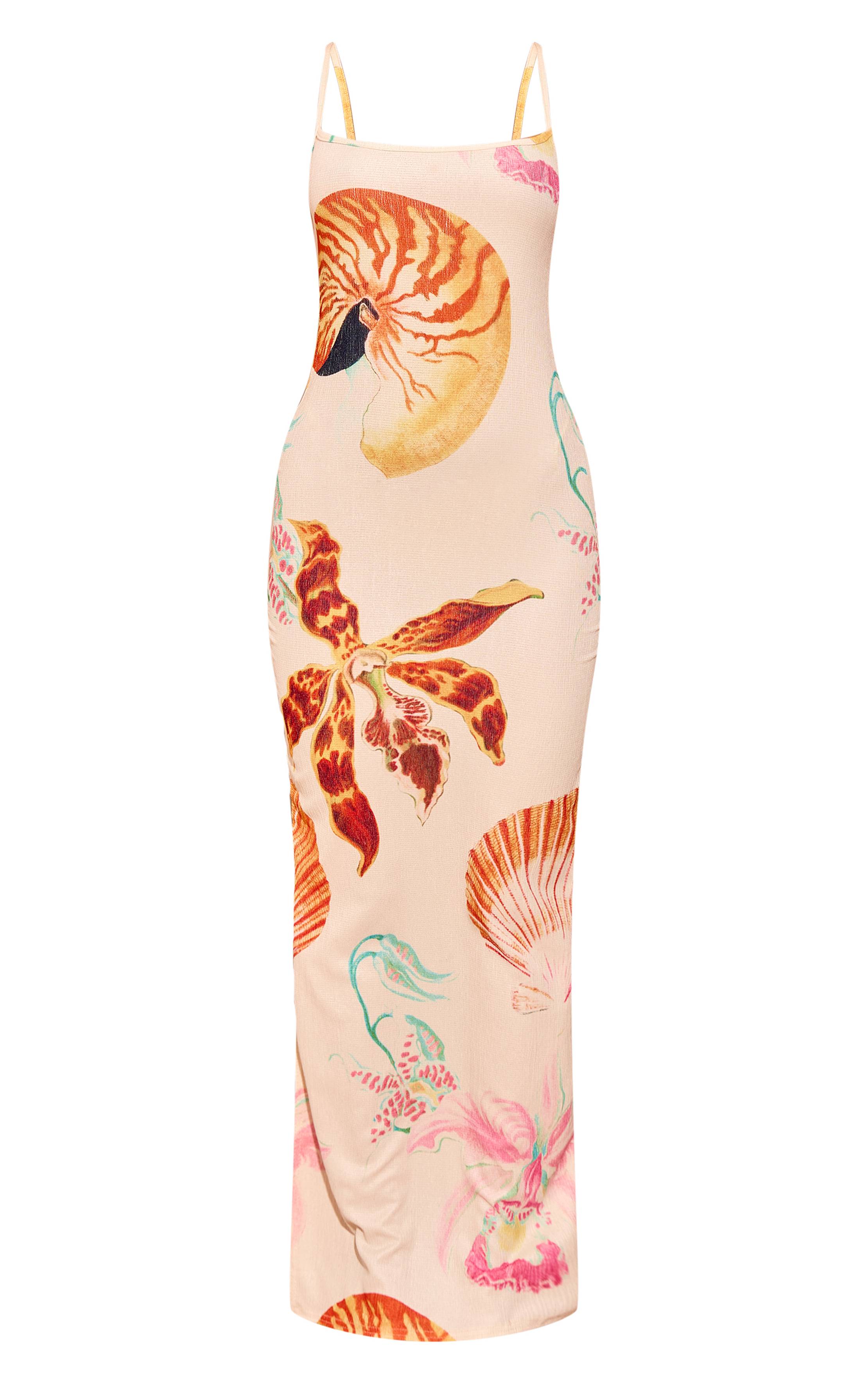 Multicolore Robe Longue Maxi À Imprimé Coquillages Texture Plissée Et Bretelles Contrastantes