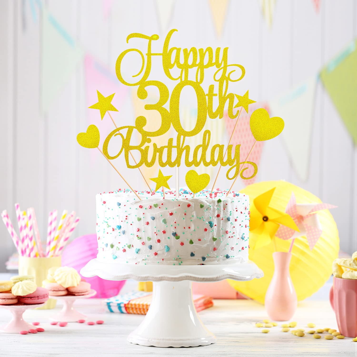 (7-tlg. Set) Kuchenstecker Happy 30th Birthday Glitzer Tortenstecker Topper Dekoration für Torten / Kuchen - Gold
