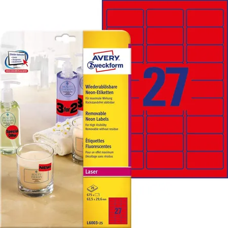 Avery Zweckform L6003-25 Etiketten in Sonderfarben,A4 63,5 x 29,6 mm, 25 Bogen/675 Etiketten, neonrot